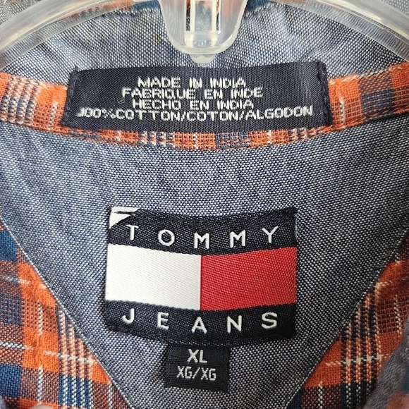 Tommy Hilfiger Jeans Men's Button-down Short Sleeve Shirt Red Blue Plaid SZ XL - Picture 6 of 6